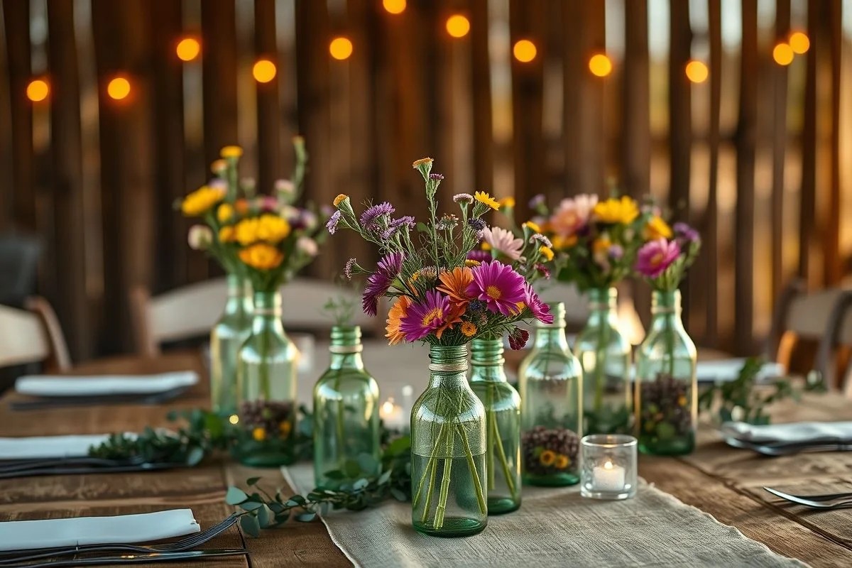 Decoração rústica de casamento com garrafas recicladas, flores e luzes.