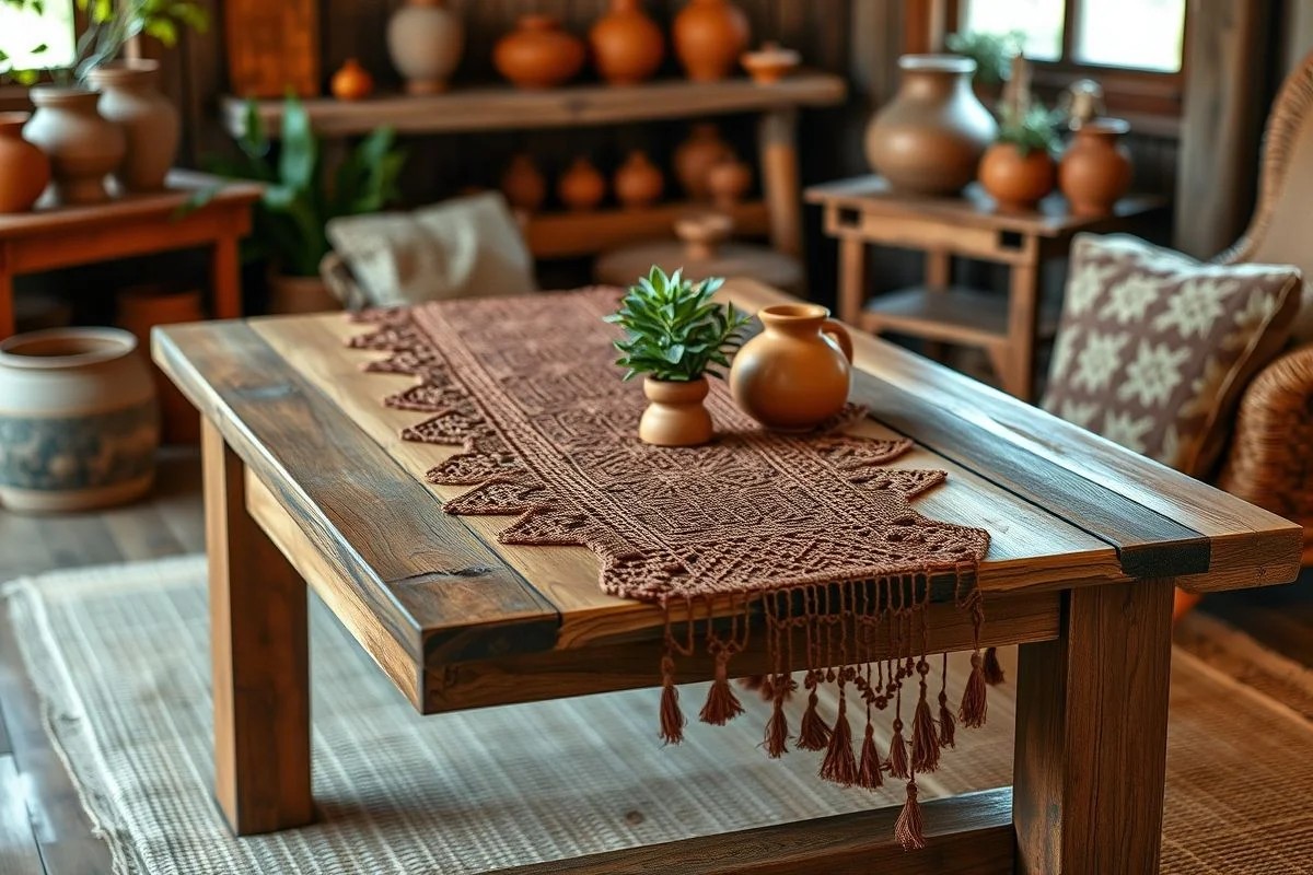 Mesa de centro rústica com caminho de mesa de crochê marrom.