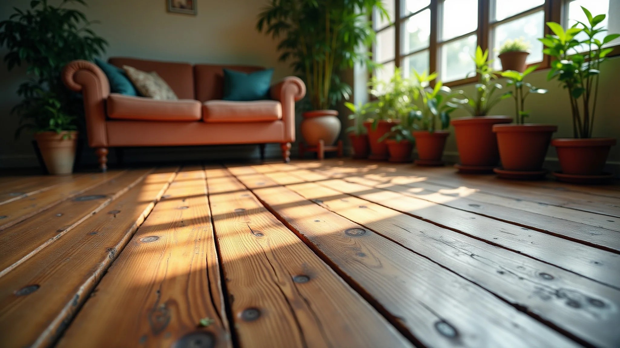 Piso rústico de madeira de demolição em ambiente aconchegante com plantas.