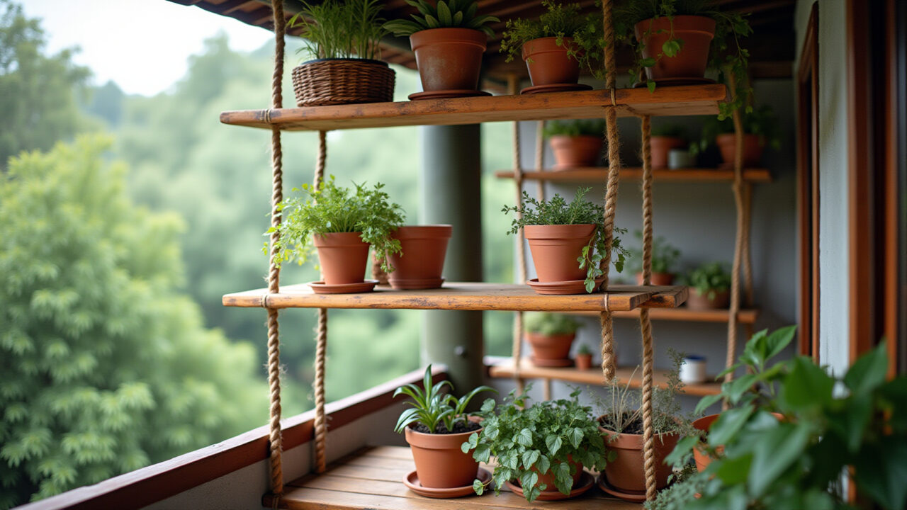 Prateleiras de madeira suspensas com vasos de plantas em varanda rústica.