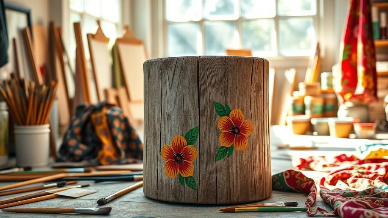 Banquinho de madeira rústico com pintura floral vibrante, artesanato brasileiro