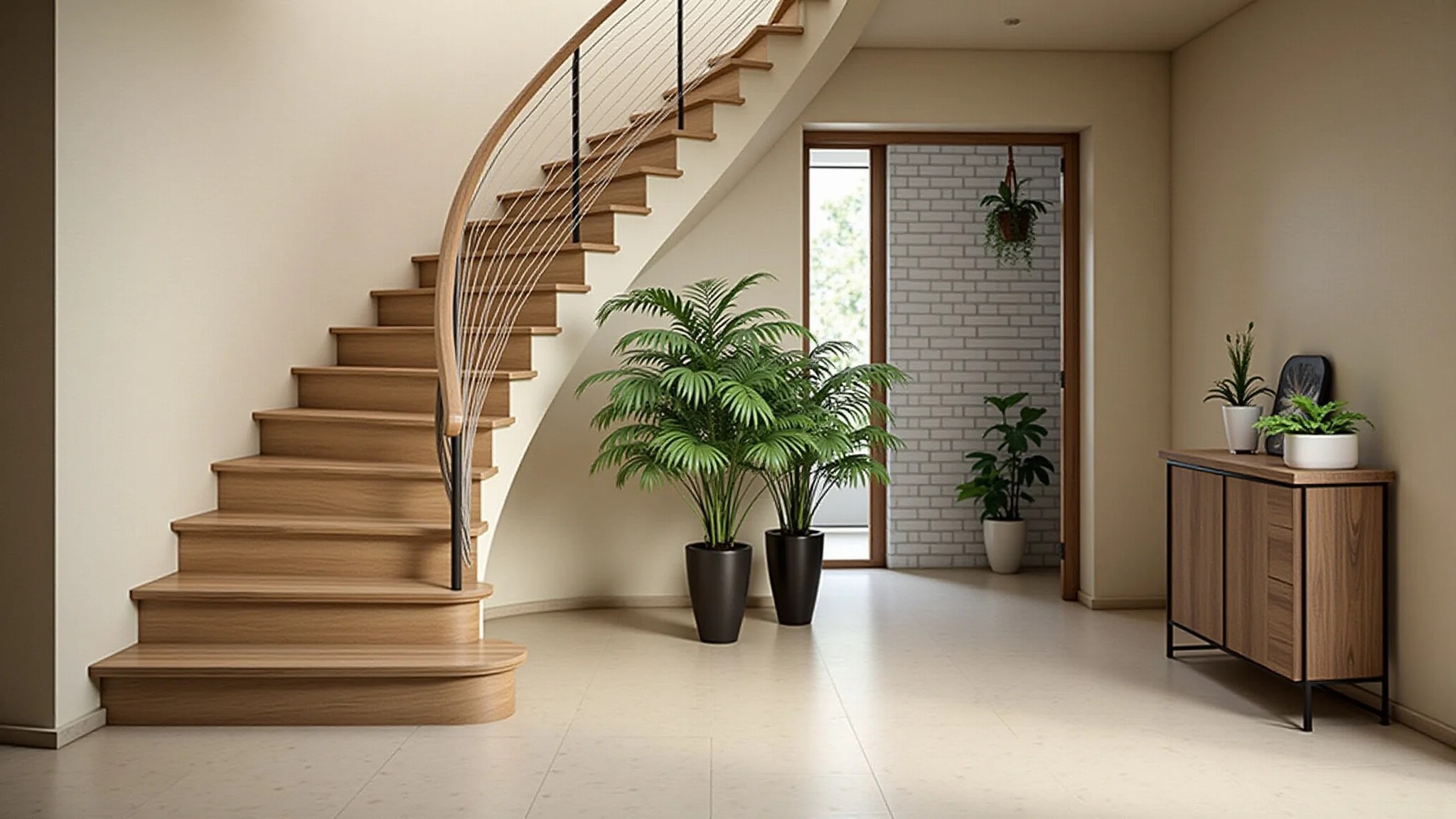 Sala moderna com escada de madeira clara, plantas e iluminação natural. Contexto brasileiro.