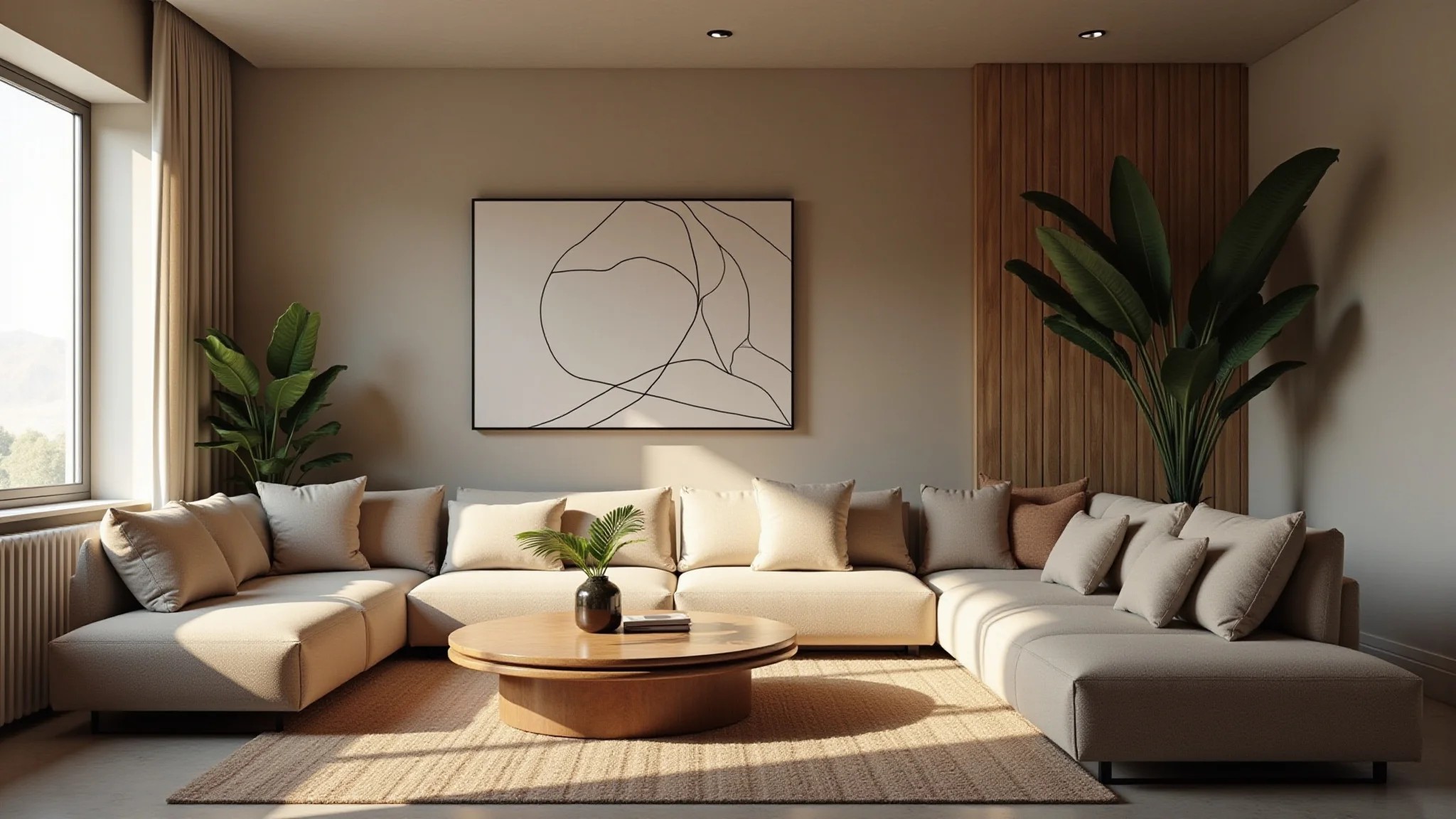 Sala de estar ampla e arejada com decoração minimalista, mostrando o poder do espaço vazio.