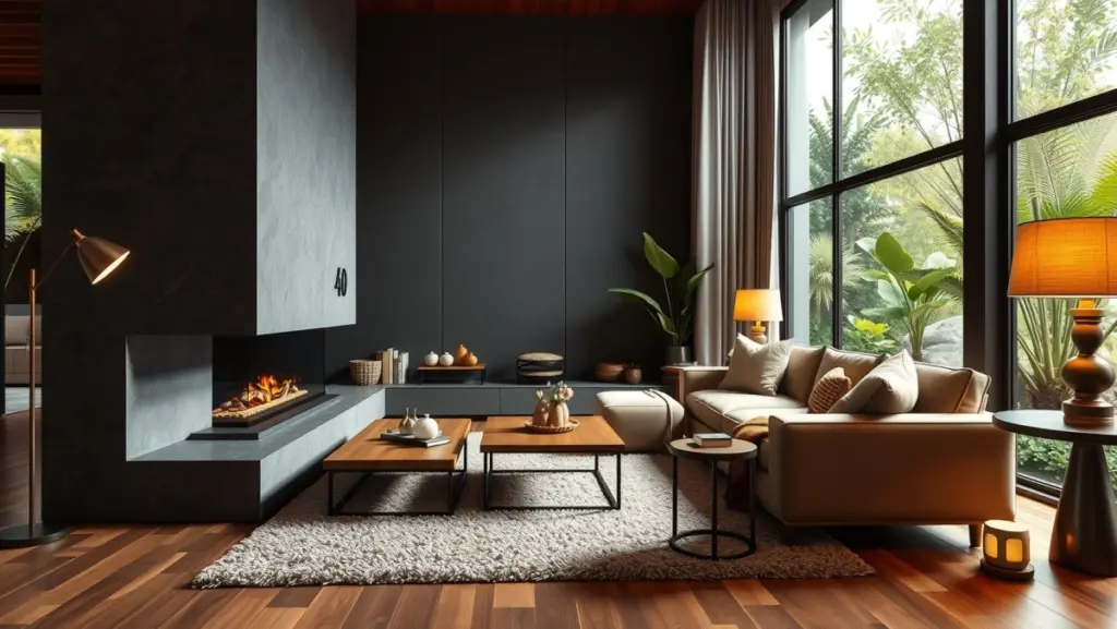 Sala de Estar com Lareira em Granito Cinza: Aconchego e Elegância