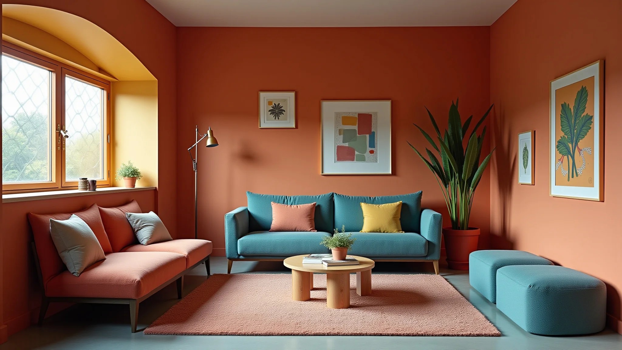 Sala de estar brasileira com cores vibrantes e pessoas diversas