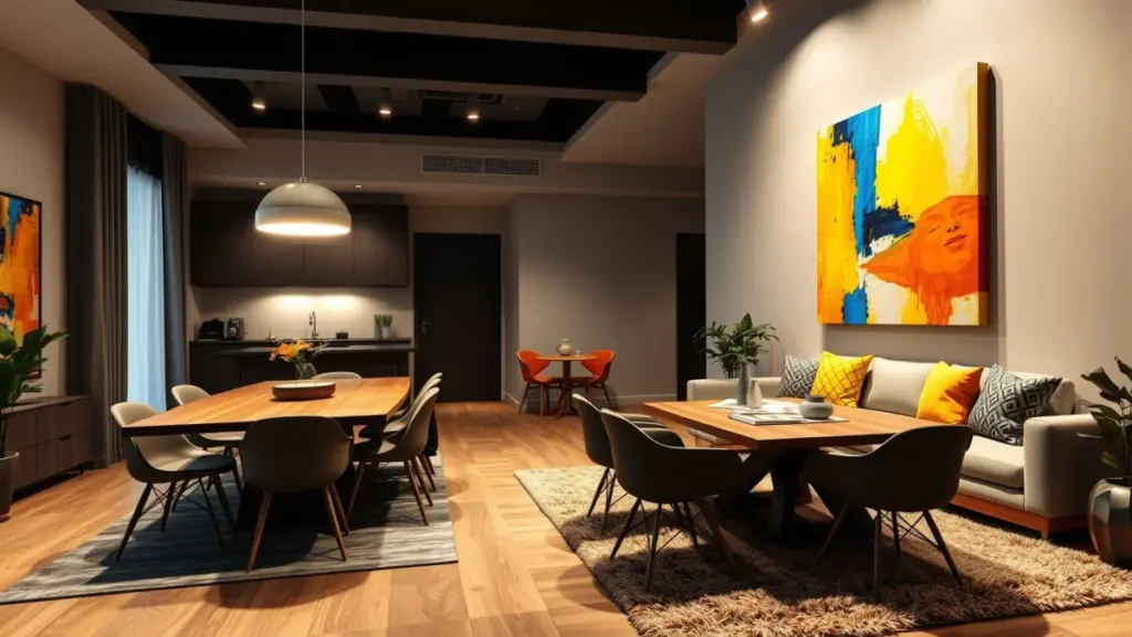 Sala de Jantar e Estar Integradas: Quadro Grande como Elo