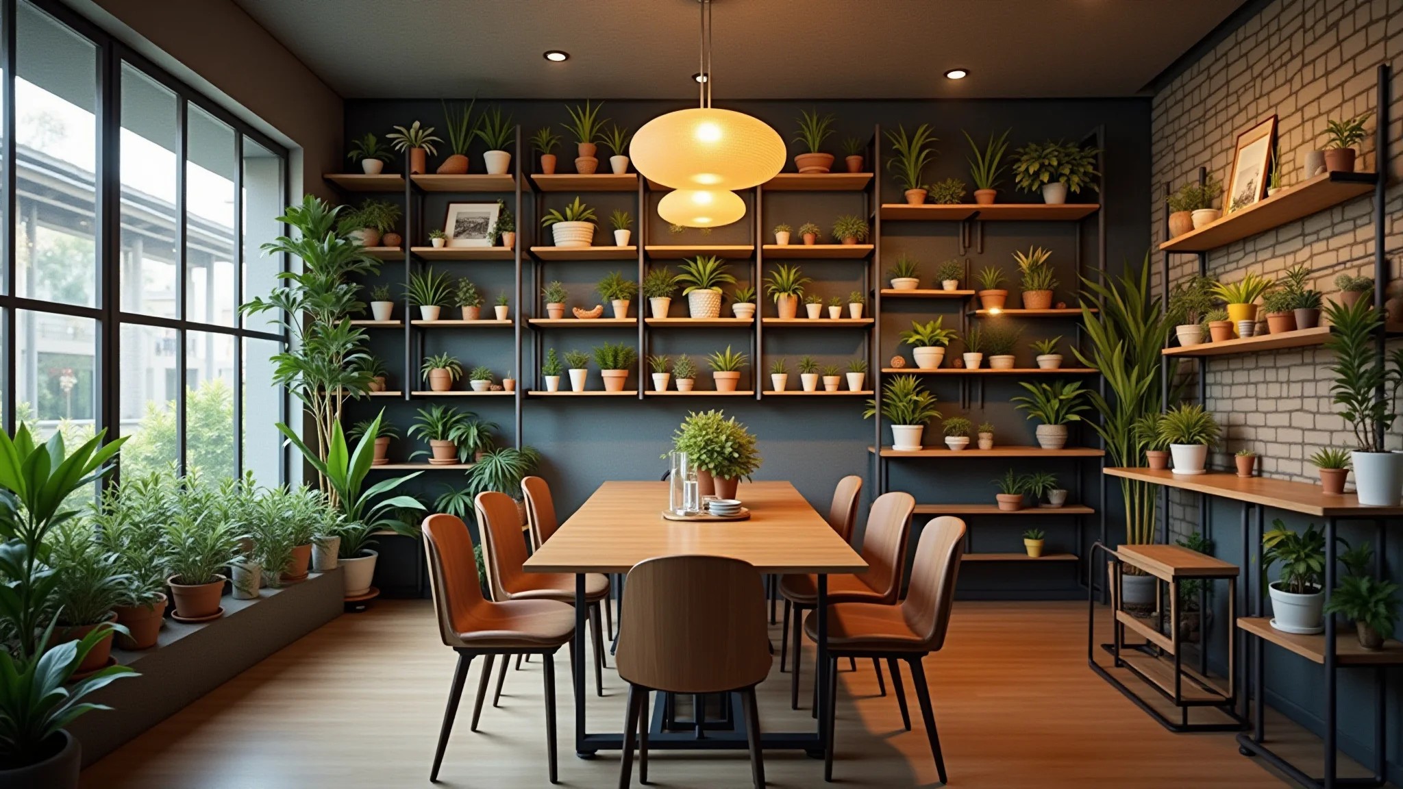 Sala pequena organizada com itens essenciais, plantas e iluminação estratégica, criando um ambiente aconchegante.