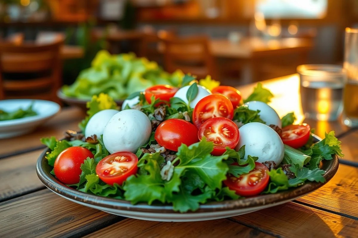 Salada com corações de tomate, mussarela e folhas verdes.