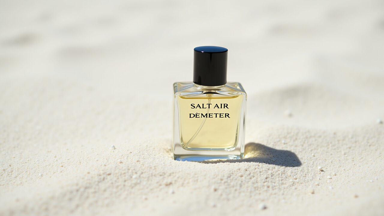 Frasco do perfume Salt Air sobre areia branca.