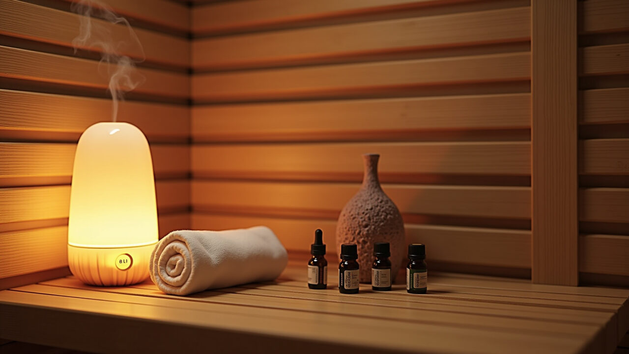 Sauna com difusor de aromaterapia e óleos essenciais.
