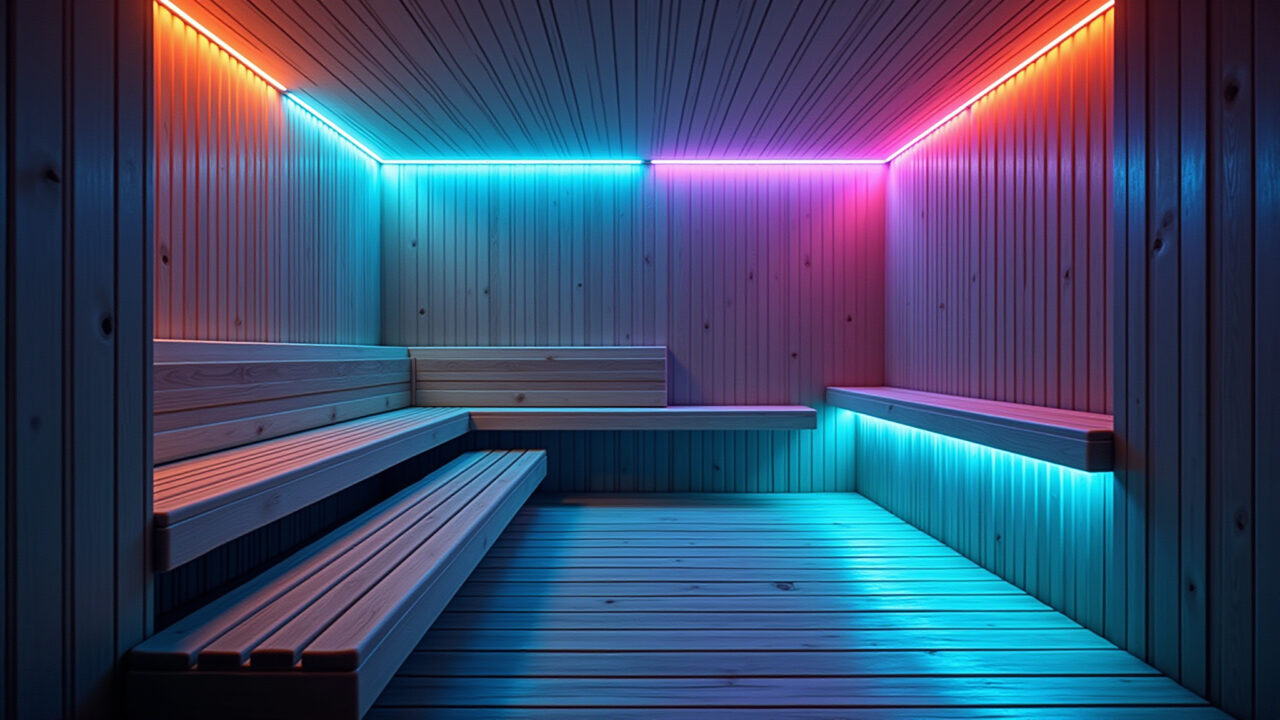 Sauna com luzes de cromoterapia e bancos de madeira.