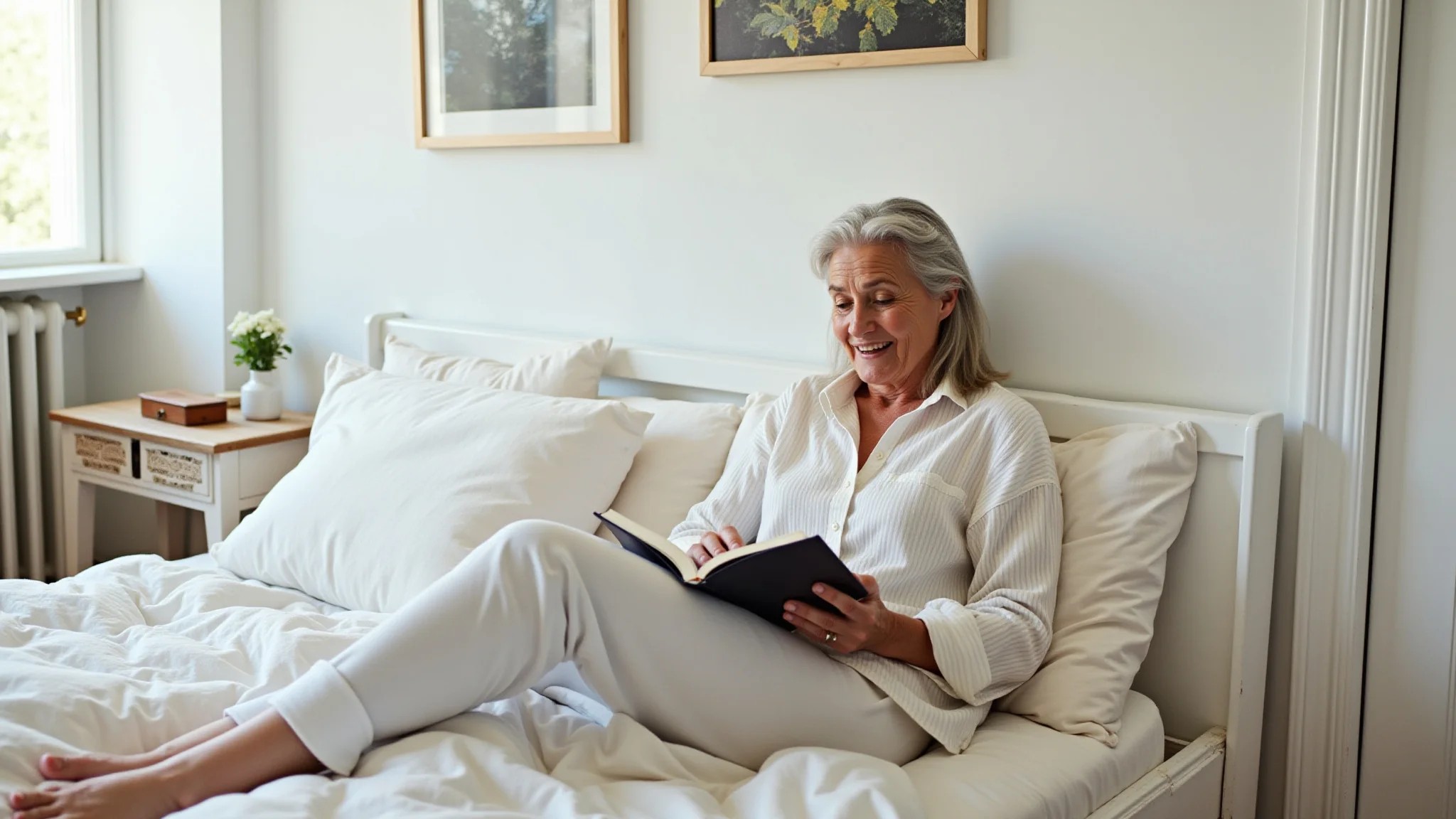 Quarto escandinavo minimalista com mulher brasileira relaxando com um livro.