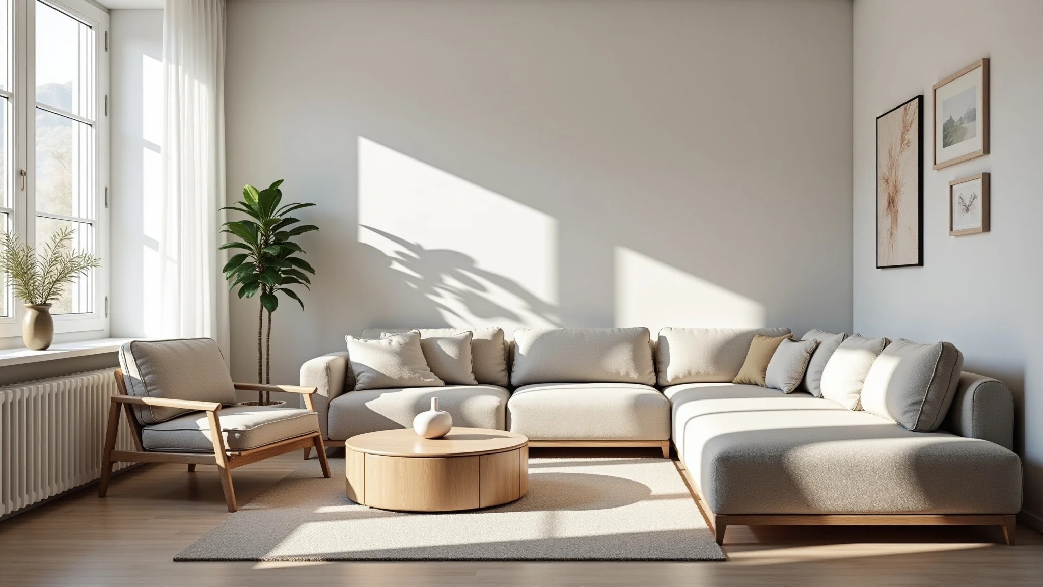 Sala escandinava iluminada, decoração minimalista e obras de arte brasileiras.