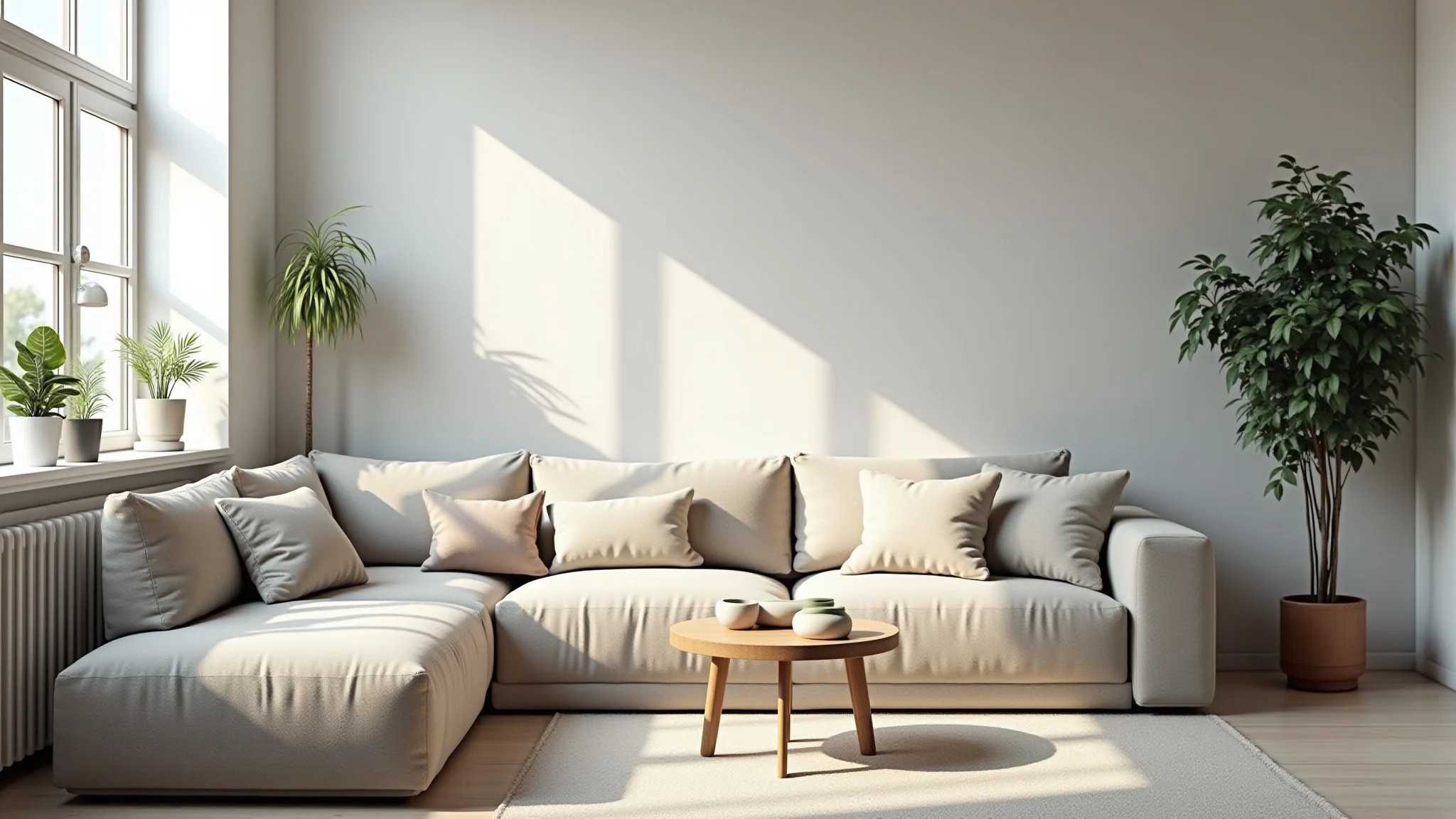 Sala escandinava minimalista com cores neutras, sofá confortável e plantas.