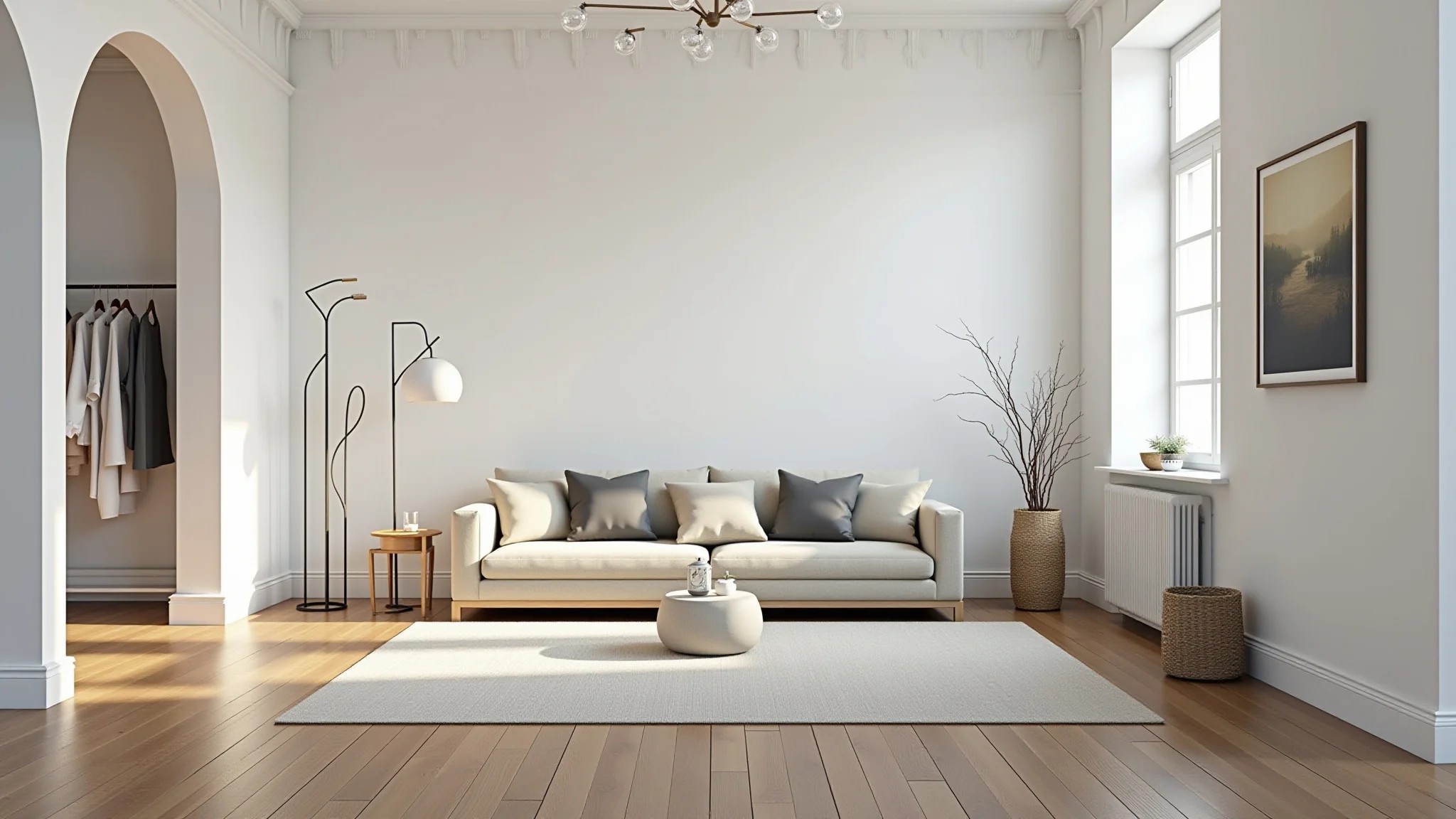 Sala escandinava com espaço aberto, piso de madeira e paredes brancas.