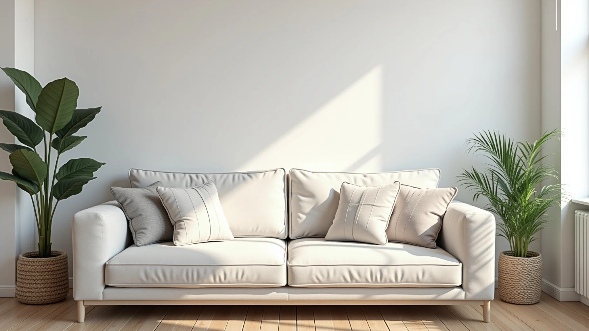 Sala escandinava com sofá confortável, plantas e decoração minimalista.