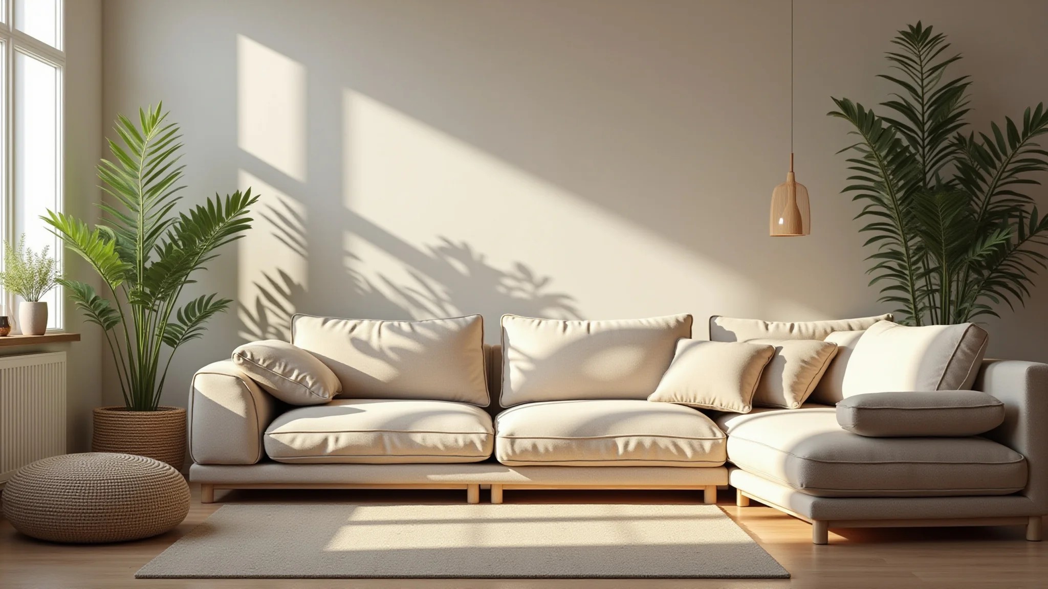 Sala de estar estilo escandinavo com madeira clara, texturas confortáveis e plantas.