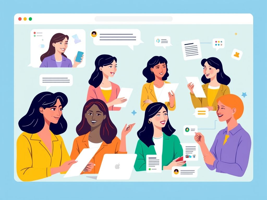 Captura de tela de uma plataforma de colaboração como Slack ou Microsoft Teams, mostrando mulheres comunicando, compartilhando arquivos e gerenciando um projeto em conjunto.