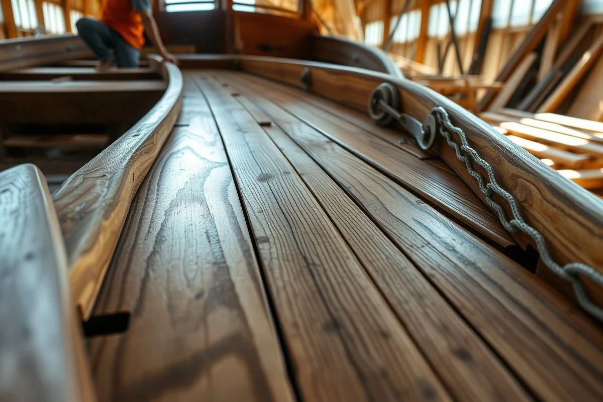 Construção de deck de madeira naval em barco, carpintaria naval brasileira.