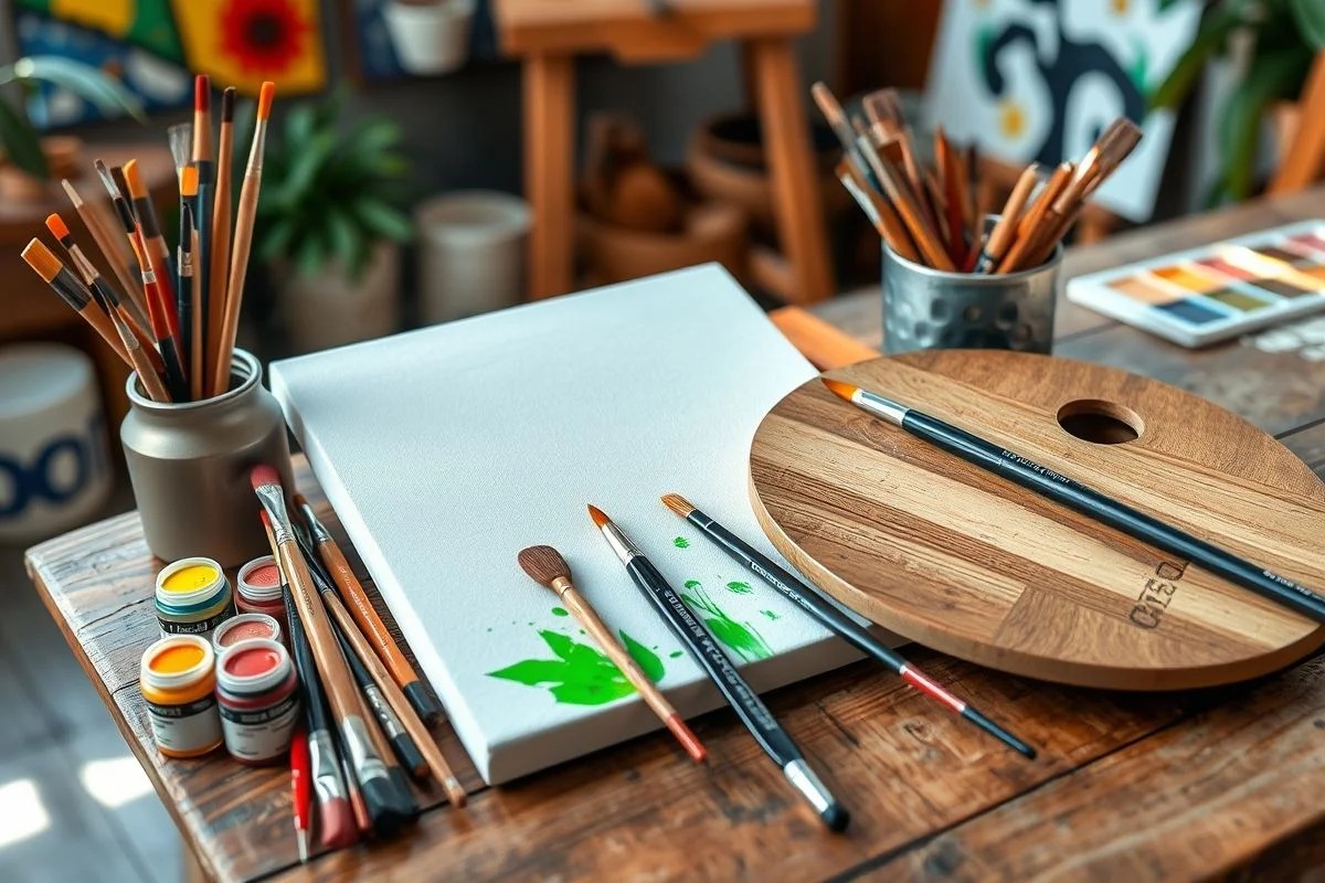 Materiais básicos para pintura: tintas, pincéis, tela e paleta. Artesanato brasileiro.