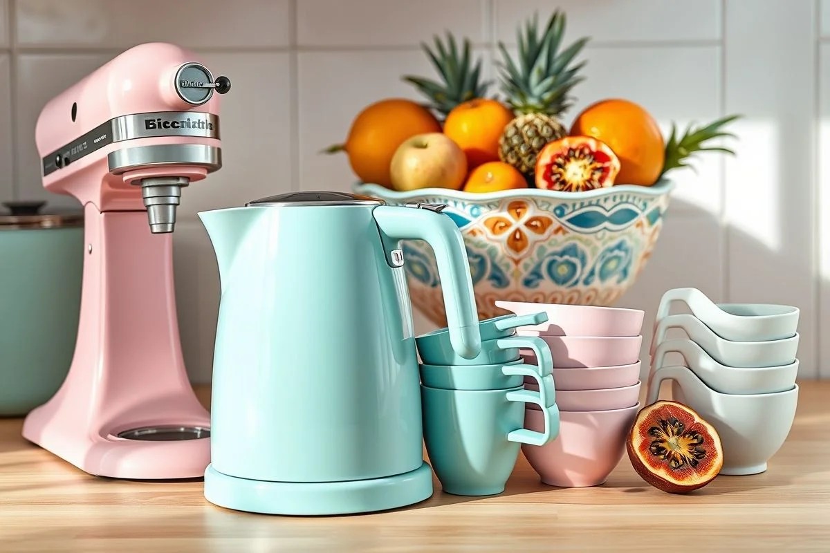 Utensílios de cozinha em tons pastel: batedeira rosa, chaleira verde e outros.