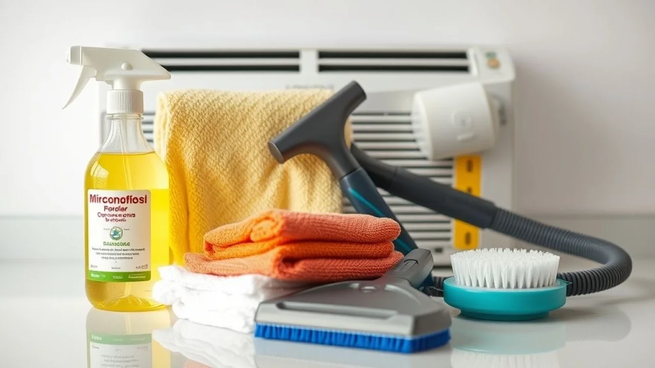 Materiais para limpeza de ar condicionado: spray, pano, aspirador e escova.