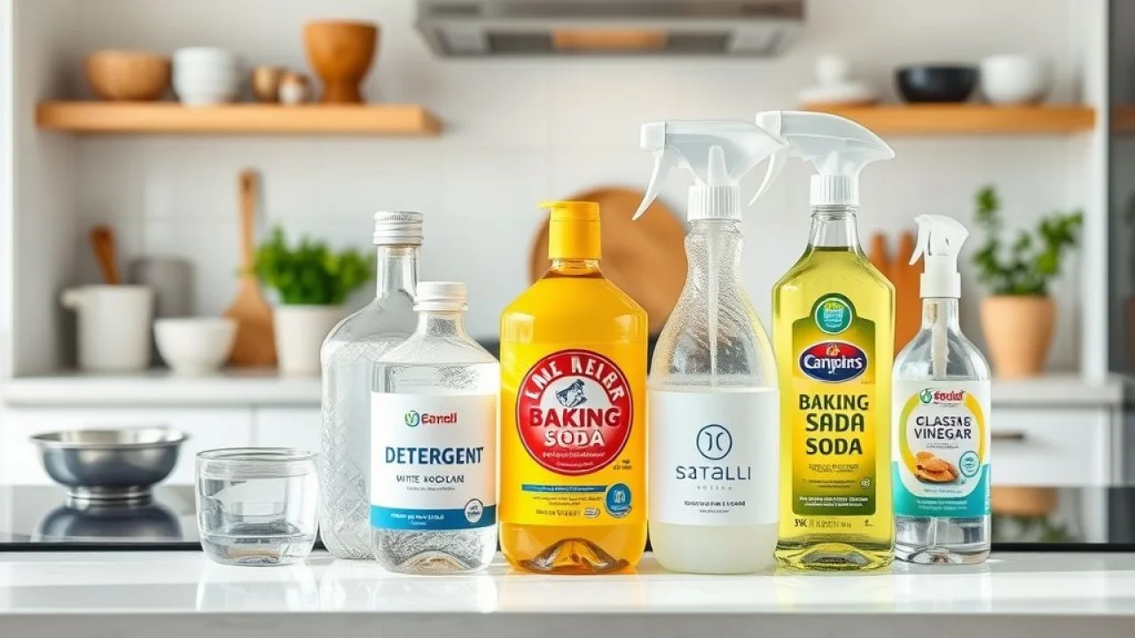 Produtos de limpeza para fogão de vidro: detergente, vinagre, bicarbonato.