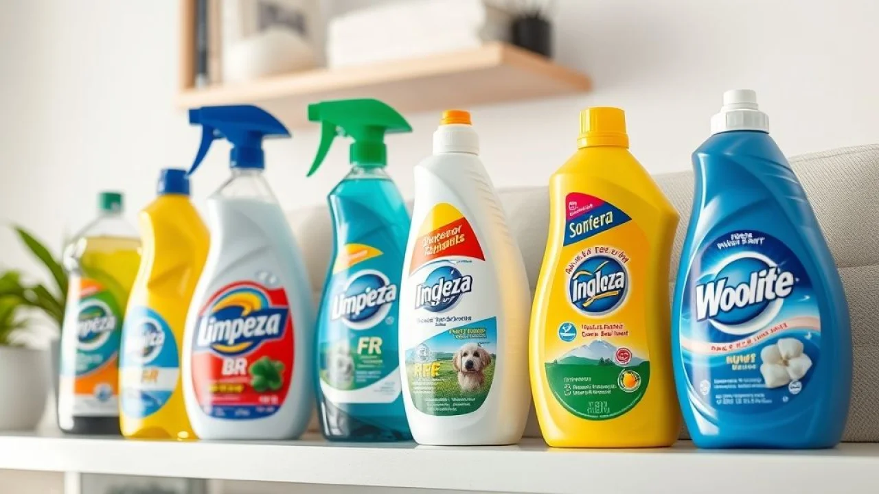 Produtos de limpeza para sofá das marcas Limpeza BR, Ingleza e Woolite.