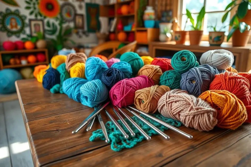 Fios de crochê coloridos e agulhas organizados em mesa de madeira.