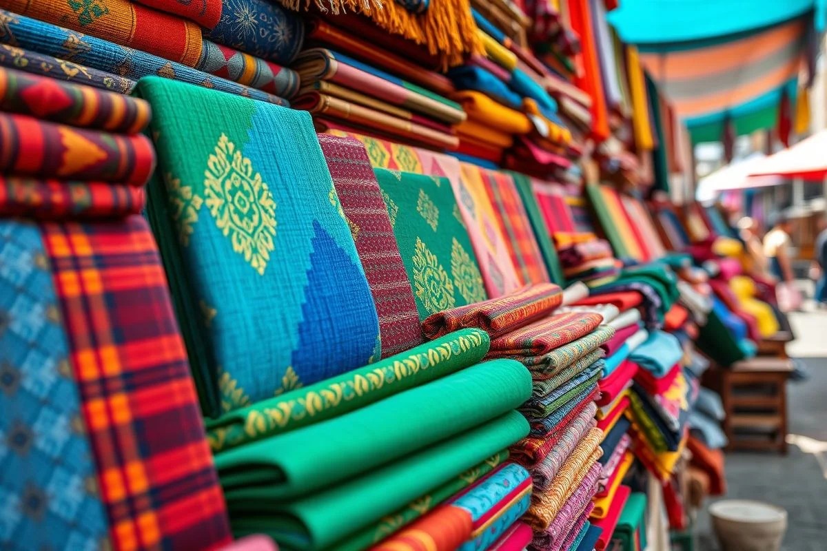 Retalhos de tecidos coloridos em barraca de mercado no Brasil.