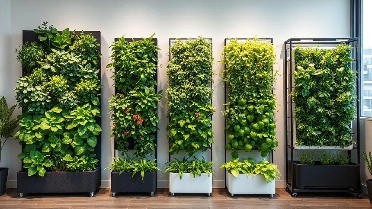 Tipos de jardins verticais: modular, feltro, vaso e hidropônico, lado a lado.