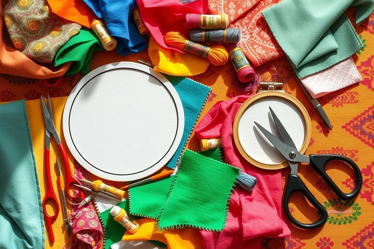 Materiais para artesanato com fuxico: tecidos, agulhas, tesoura e molde circular.