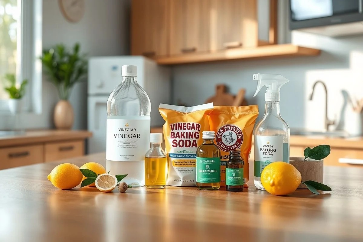 Produtos de limpeza naturais em cozinha brasileira: vinagre, bicarbonato, óleo de limão.