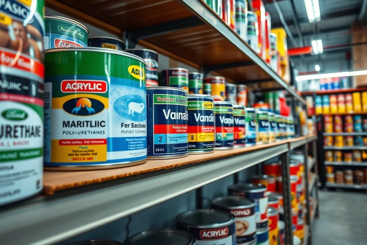 Latas de verniz acrílico, poliuretano e marítimo em prateleira de loja. Variedade de vernizes para madeira.