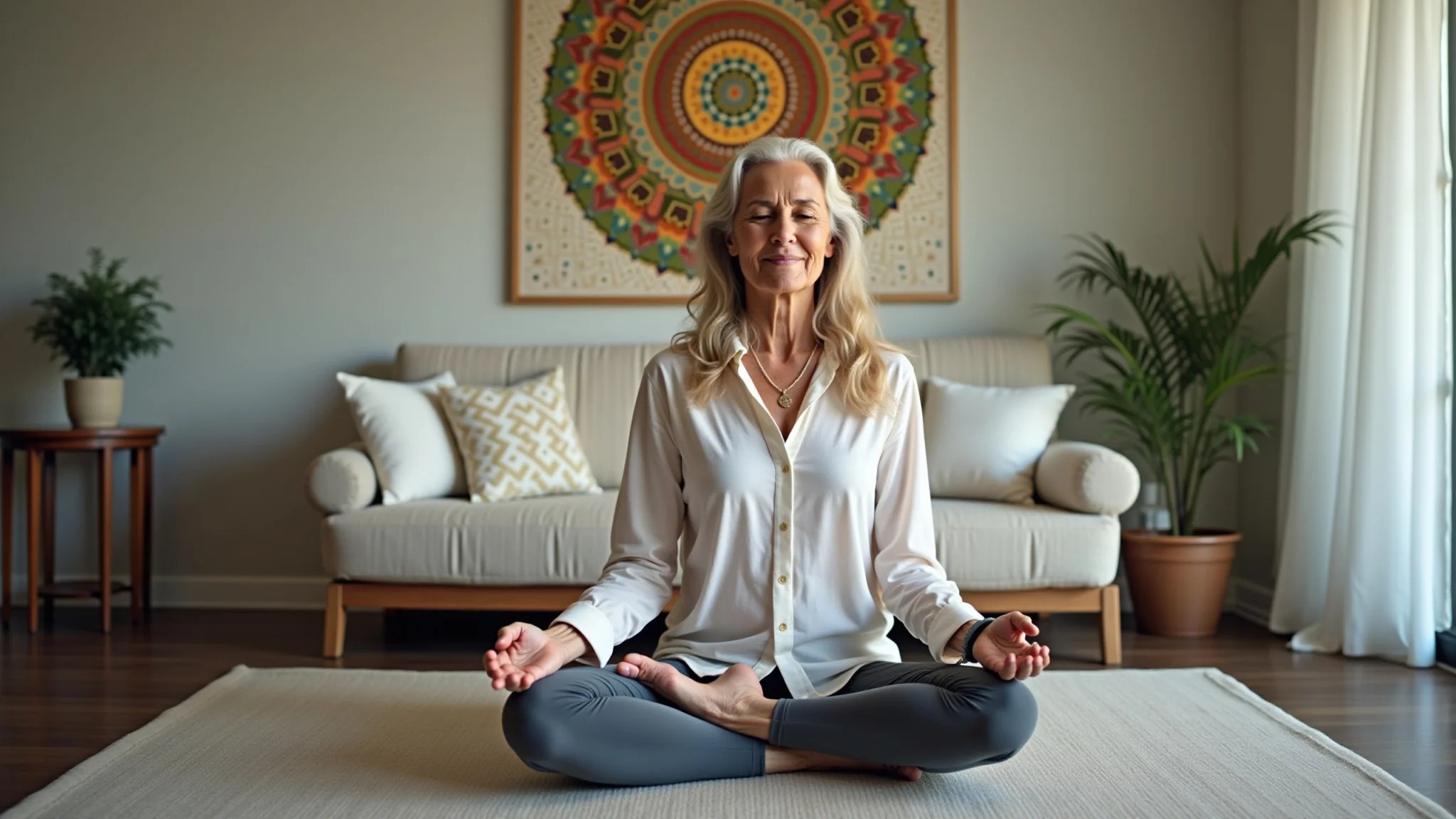Mulher idosa meditando com mandala, expressão de paz, iluminação natural.