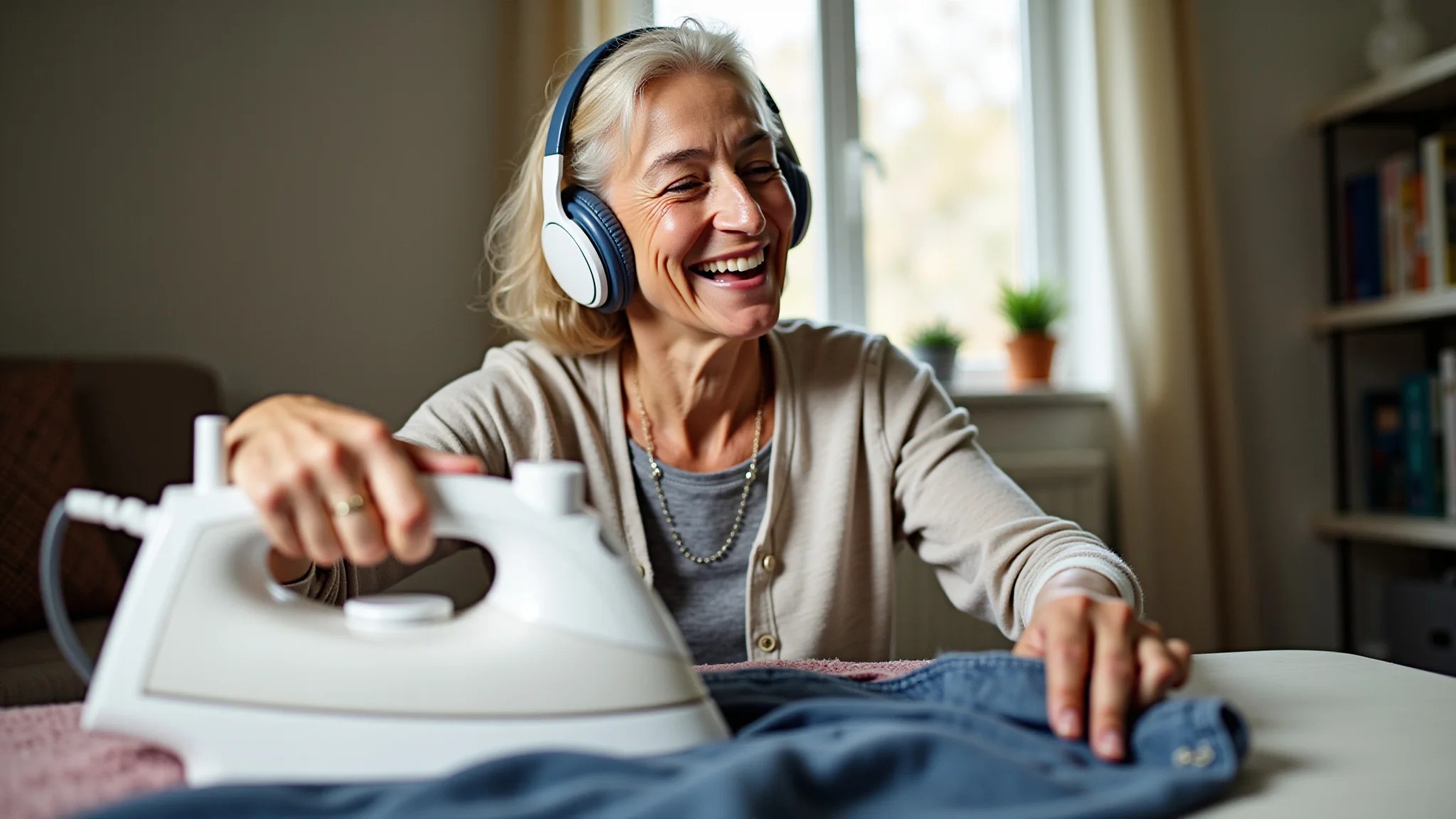 Senhora sorrindo enquanto ouve podcast e passa roupa em ambiente aconchegante.