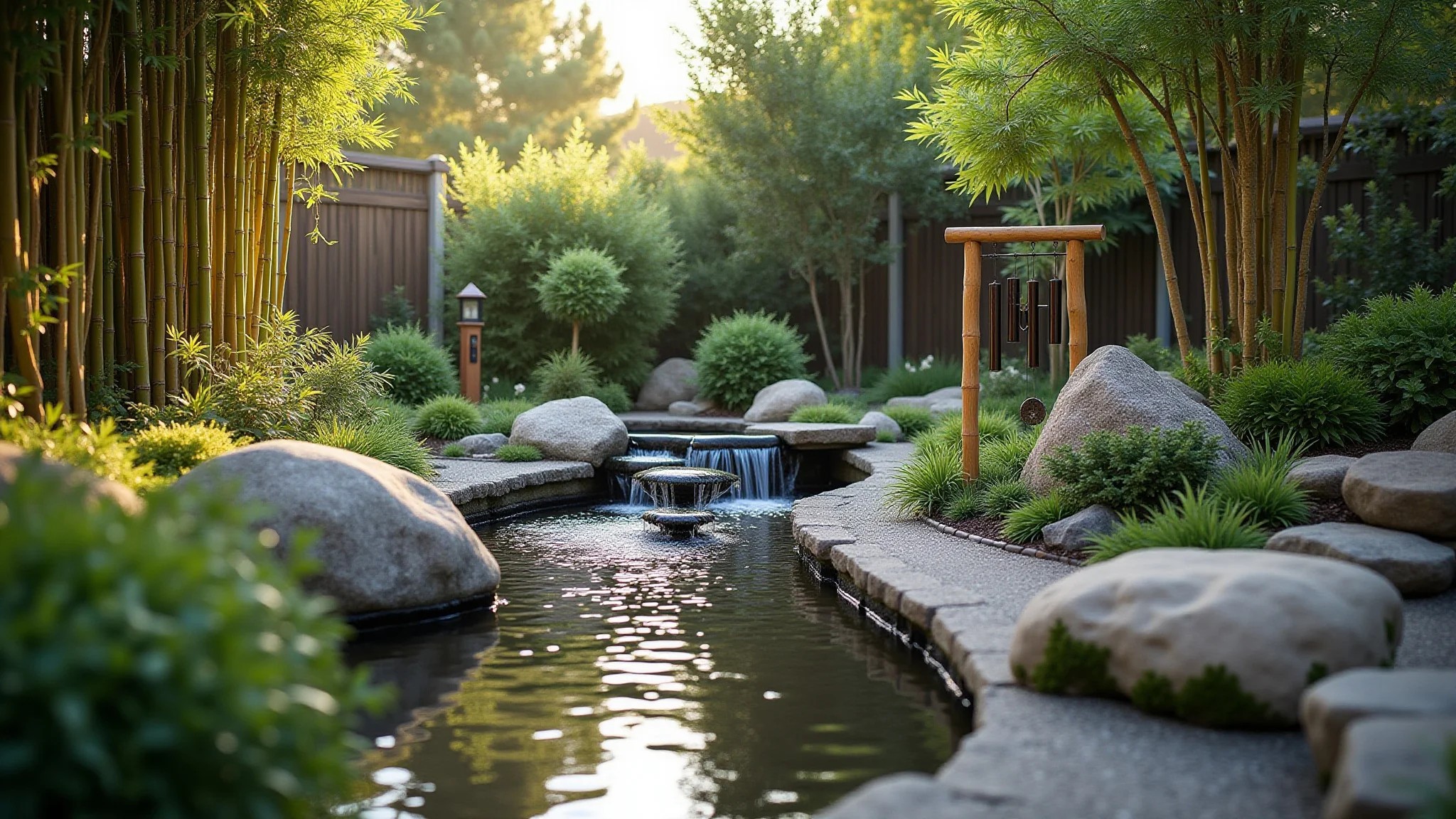 Jardim sensorial com fonte de água, bambu e sinos de vento, criando uma paisagem sonora relaxante.