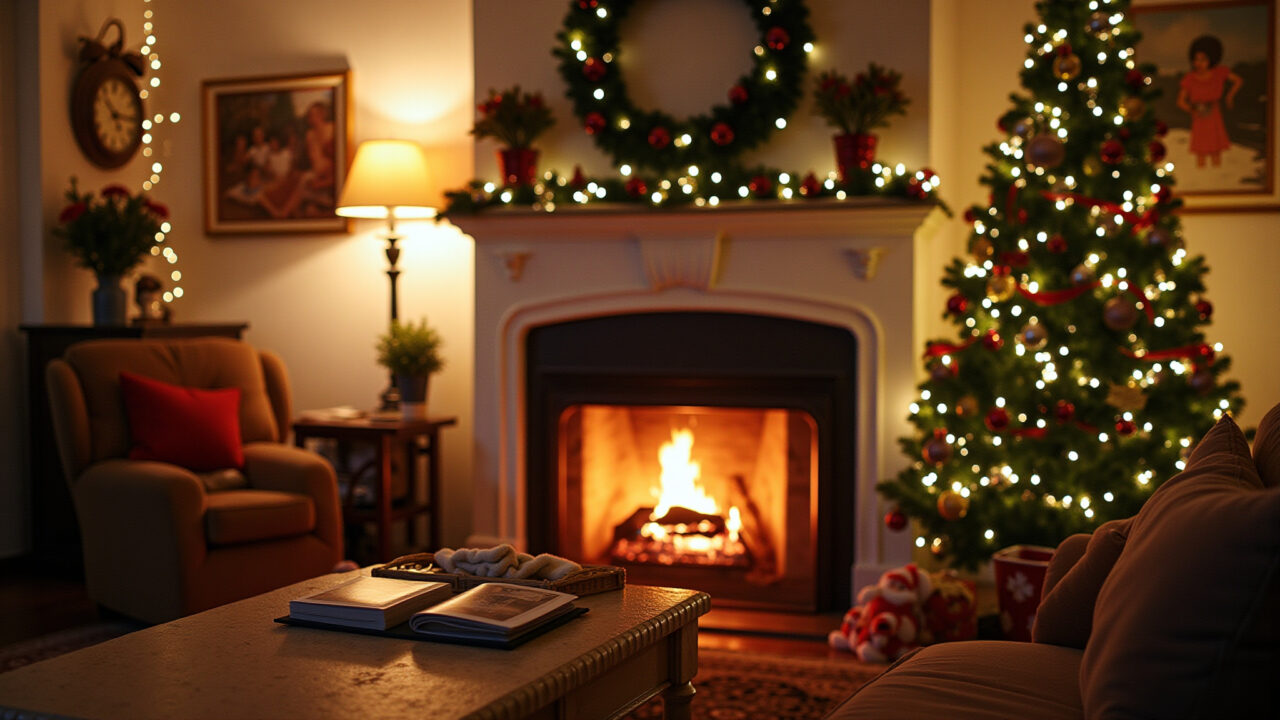 Decoração de Natal afetiva com fotos de família e objetos herdados.