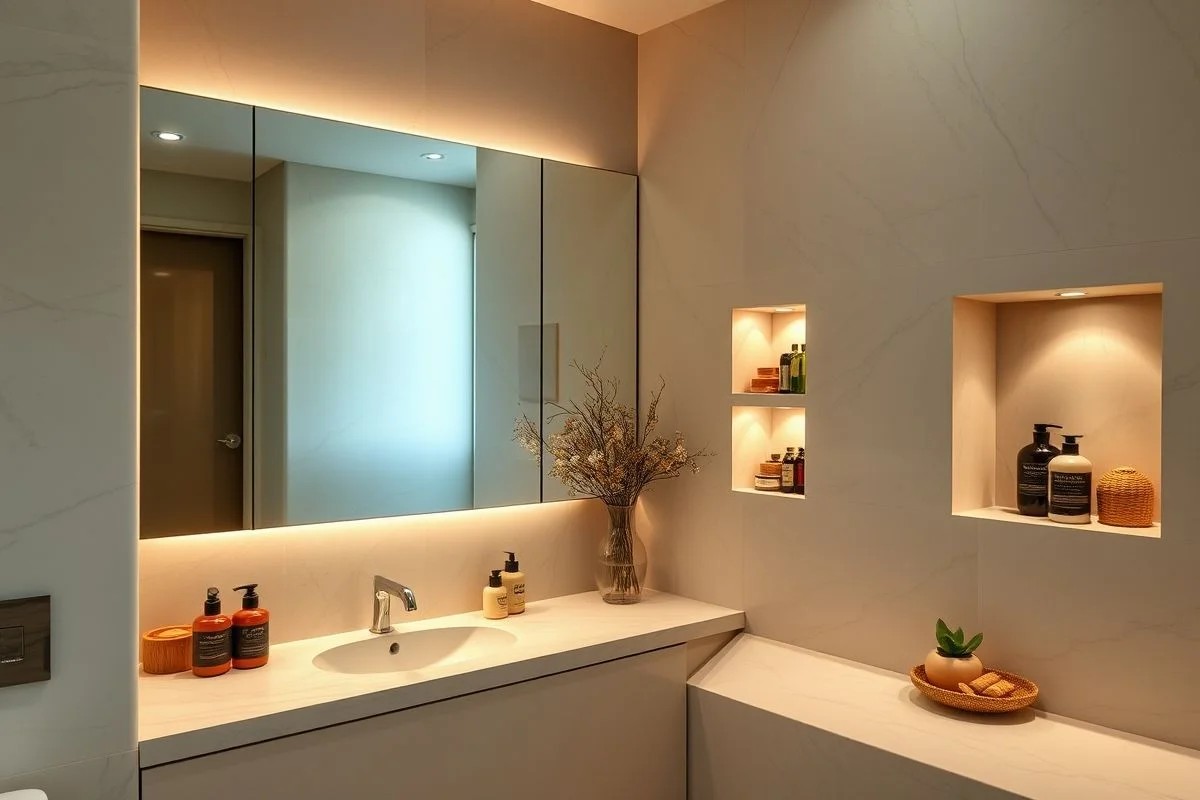 Banheiro relaxante com espelho amplo e nichos decorativos no Brasil