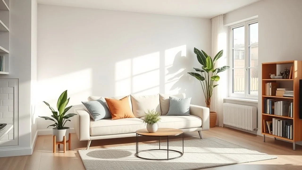Sala de estar organizada e iluminada, estilo brasileiro, com sofá confortável e decoração minimalista.