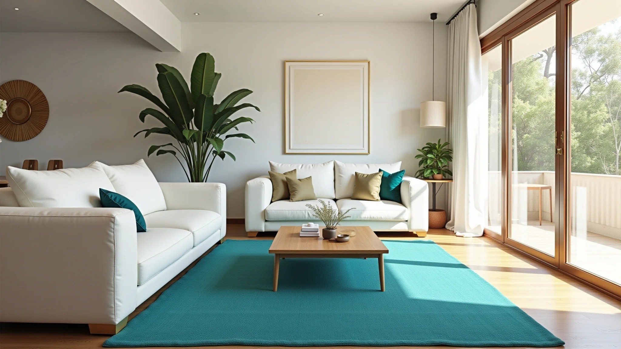 Sala de estar serena com tapete turquesa, móveis brancos e detalhes dourados.