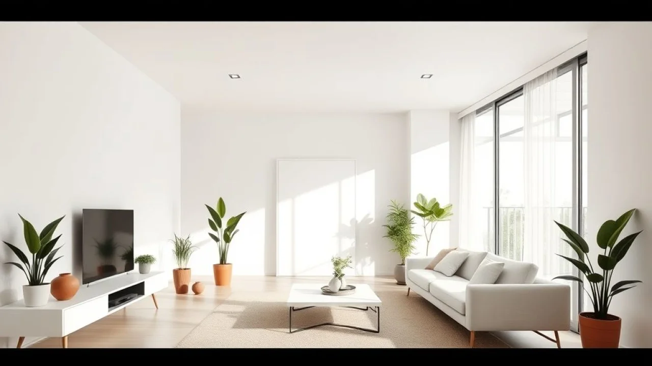 Sala minimalista com sofá neutro, plantas e luz natural em apartamento brasileiro.