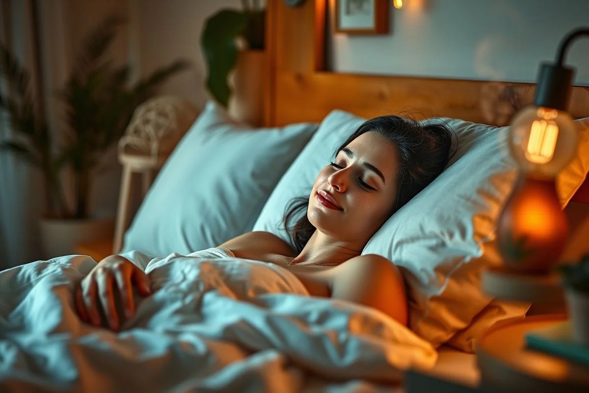 Mulher relaxando em quarto escuro com difusor de aroma.