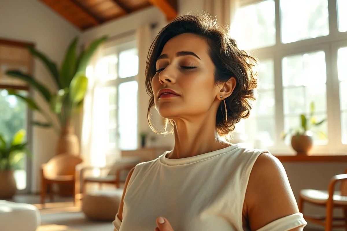 Mulher relaxando com olhos fechados. Relaxamento muscular progressivo para bem-estar.