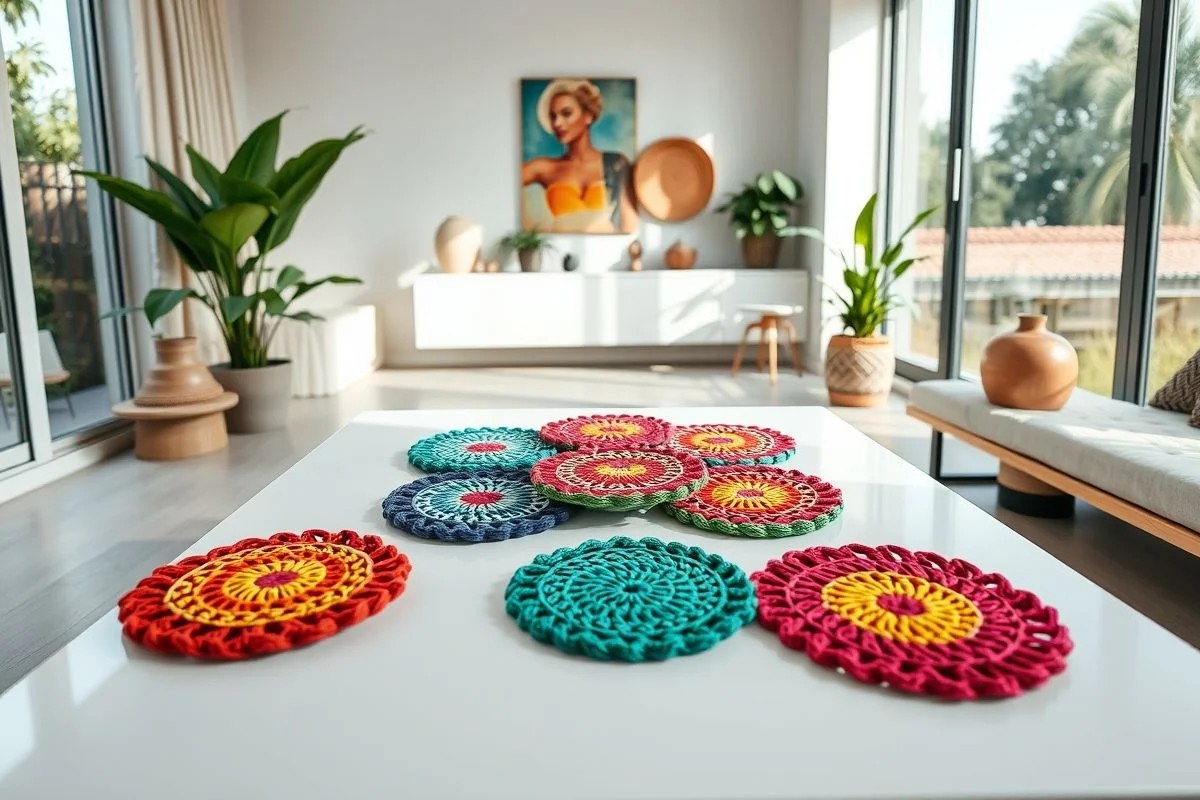 Porta copos geométricos coloridos em mesa de centro moderna