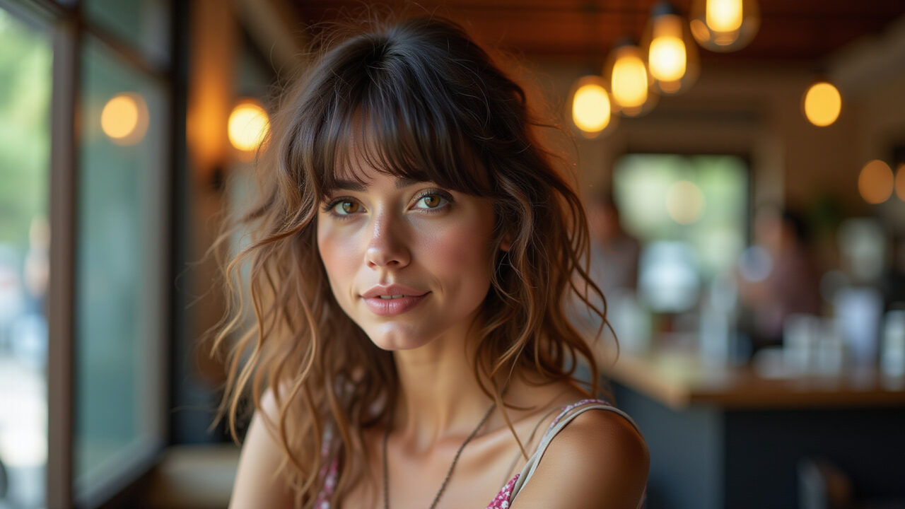 Mulher estilosa com shaggy hair e franja.