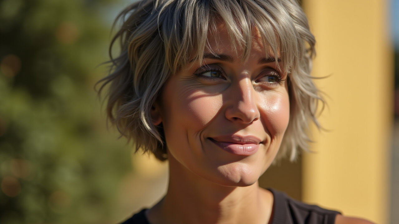 Mulher com shaggy hair curto e moderno.