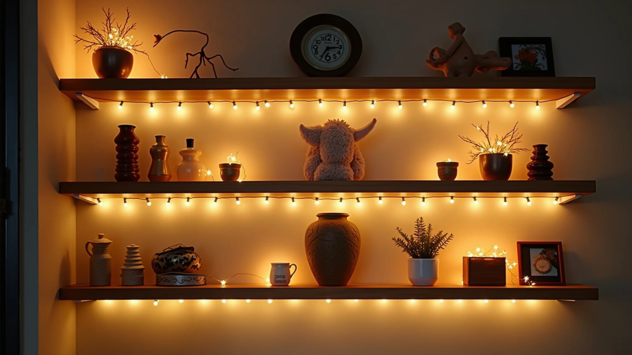 Prateleiras decoradas com pisca pisca destacando objetos decorativos.