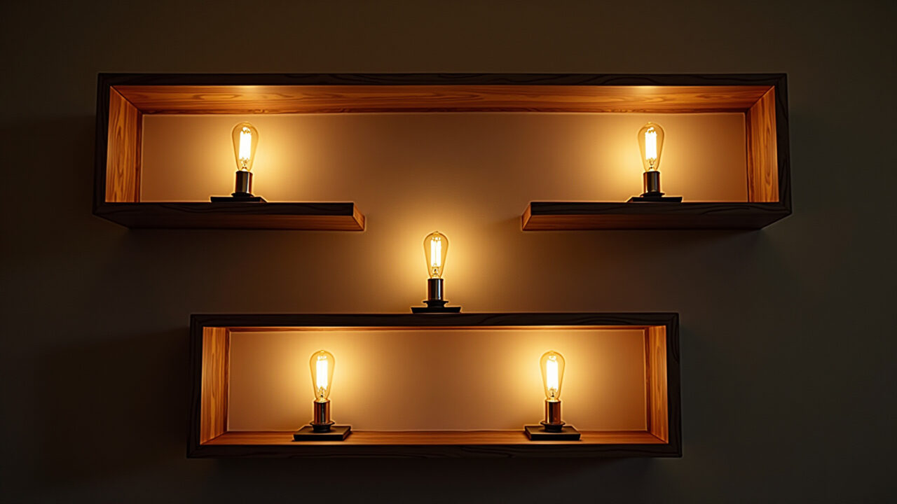 Prateleiras iluminadas com lâmpadas de filamento, destacando objetos decorativos.