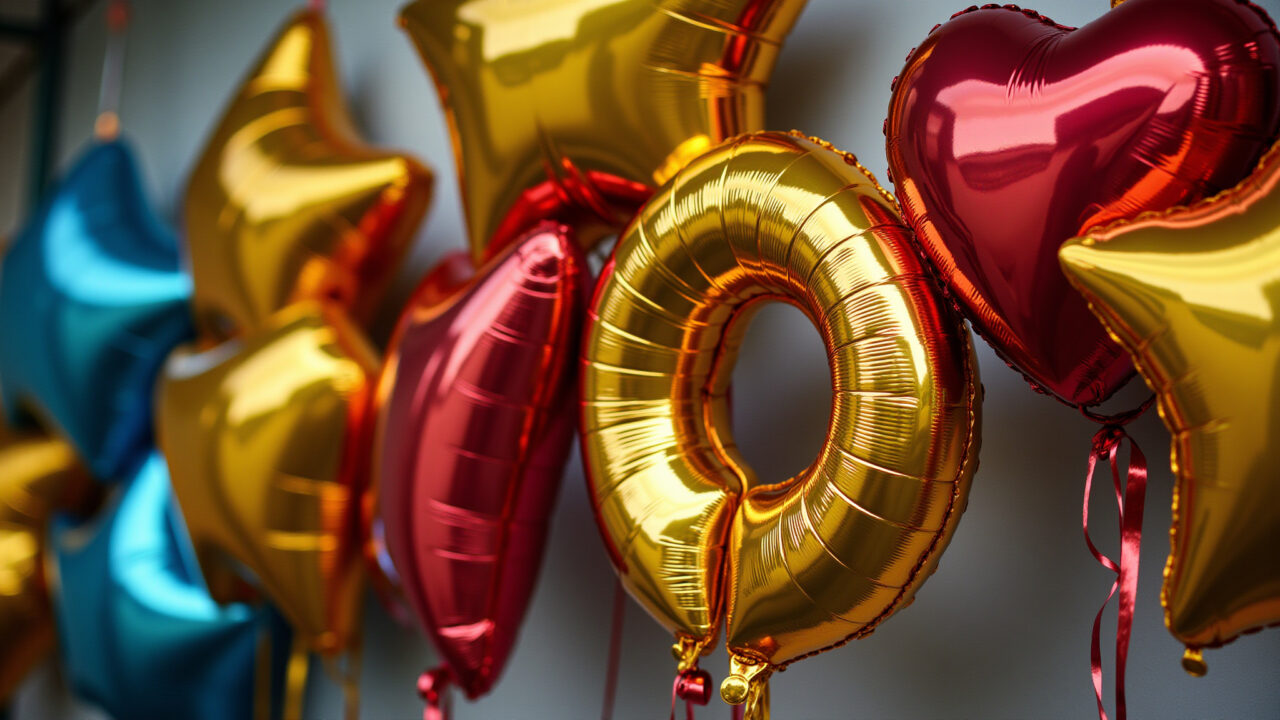 Balões metalizados em formatos de estrelas e corações para decoração de Carnaval.